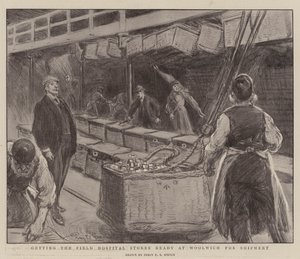 Het klaarmaken van de veldhospitaalvoorraden in Woolwich voor verzending door Percy F.S. Spence