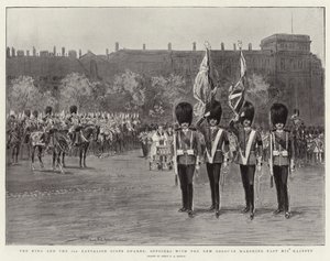 De koning en het 3e bataljon Scots Guards, officieren met de nieuwe kleuren marcheren langs Zijne Majesteit
