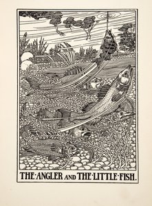 De Visser en het Kleine Visje, uit Honderd Fabels van Aesopus, uitgegeven 1903 (gravure) door Percy J. Billingshurst