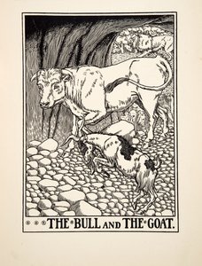 De Stier en de Geit, uit Honderd Fabels van Aesopus, uitgegeven 1903 (gravure) door Percy J. Billingshurst