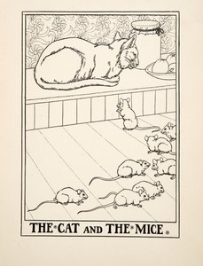 De Kat en de Muizen, uit Honderd Fabels van Aesopus, uitgegeven 1903 (gravure) door Percy J. Billingshurst