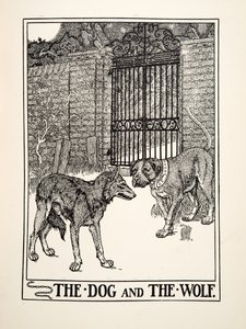 De Hond en de Wolf, uit Honderd Fabels van Aesopus, uitgegeven 1903 (gravure)
