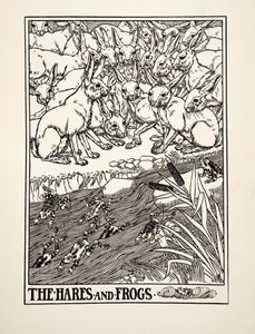 De hazen en de kikkers, uit Honderd fabels van Aesopus door Percy J. Billingshurst