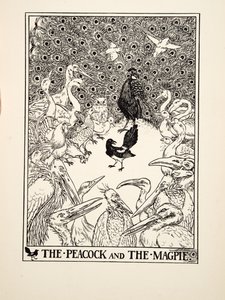 De pauw en de ekster, uit A Hundred Fables of Aesop, uitgegeven 1903 (gravure)