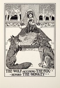 De Wolf Beschuldigt de Vos voor de Aap, uit Fontaine Fabels, uitgegeven 1905