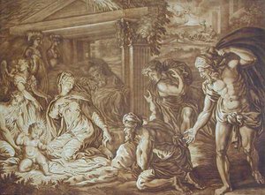 De Aanbidding der Herders, gegraveerd door Elishah Kirkhall