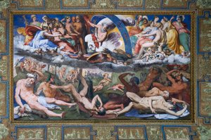 Zeus die de rebellerende reuzen treft (de val van de reuzen) in de Hal van Jupiter door Perino del Vaga