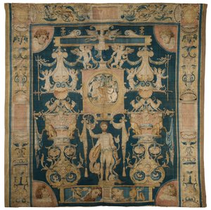 Allegorisch wandtapijt met Neptunus uit de Doria Grotesken serie, met een centraal figuurlijk rondel boven Poseidon, Brussel, ca. 1545-50 door Perino del Vaga