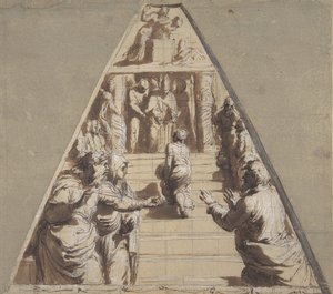 Presentatie van de Maagd in de Tempel beneden, Abraham op het punt om Isaac te offeren boven, 1520