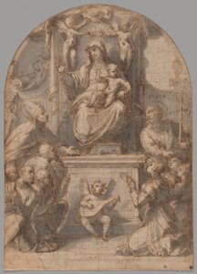 De Maagd op de troon met heiligen Gregorius en Jacobus, en een familie van schenkers