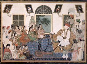 Een Europeaan, waarschijnlijk Sir David Ochterlony (1758-1825), in Indiase kleding, rookt een waterpijp en kijkt naar een nautch in zijn huis in Delhi, c.1820