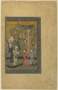 Een prins en prinses omringd door hovelingen in een tuin, ca. 1480 door Persian School