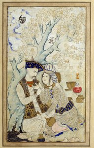 Islamitische kunst: Portret van Shah Abbas I die een van zijn pages omhelst door Persian School