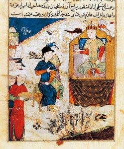 Audience de Mongka (ou Mongke ou Mangu Khan) (mort en 1259) Miniature tiree de "Tarih-i djahangusha