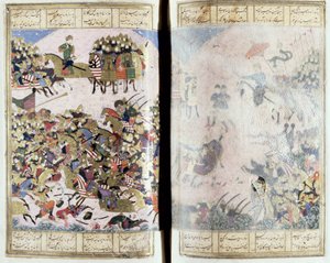 Slag tussen Isfandiyar en Arjasp, illustratie uit de Shahnama (Boek der Koningen)