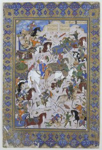 Slag tussen Khusrau en Bahram Chubaina, uit het gedicht Layla en Majnun oorspronkelijk door Nizami, 1540 door Persian School