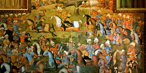 Slag bij Taher-Abad of Slag bij Merv met overwinning van Shah Ismail I op Muhammad Shaybani Khan, Ontvangsthal, Chehel Sotun, 1647