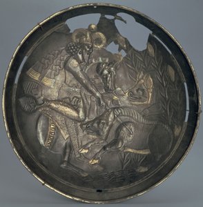 Schaal versierd met een scène van prins Varahran op jacht, Sassanidische dynastie (226-651) (zilver met vergulding) door Persian School