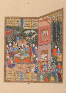 Folio uit Shahnama (Boek der Koningen) door Firdawsi; De gezanten van Salm en Tur voor Faridun door Persian School