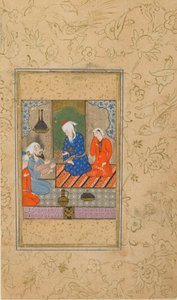 Folio uit Yusuf u Zulaykha door Jami; Zulaykha en een oudere man luisteren naar een gesprek