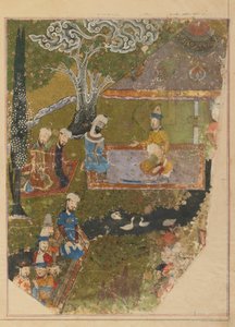 Folio uit een Zafarnama; verso: Timur verleent een audiëntie ter gelegenheid van zijn troonsbestijging in Balkh, Shiraz, Iran, Timurid periode door Persian School