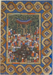 Folio uit een onbekende tekst; Een heerser in een tuinpaviljoen omringd door hovelingen en bedienden door Persian School