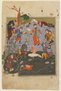 Garsivaz wordt gegeseld terwijl Afrasiyab uit het meer wordt gesleept uit een Shahnama door Persian School