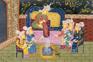 Jagers en favorieten drinken met edelman of koning (detail)