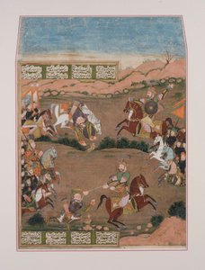 Kay-Khusrau schiet Qara Khan, uit de Shahnama