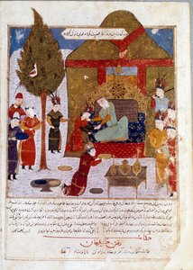 Mongoolse keizer Dzjengis Khan op zijn troon in een kamp nabij Ilmil met zijn kleinzonen Quibalai en Hule Gu door Persian School