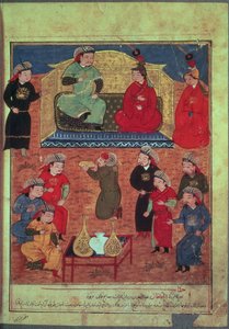 Arghan Khan met twee van zijn vrouwen en zijn zoon Ghazan, uit een boek van Rashid ad-Din (1247-1318)