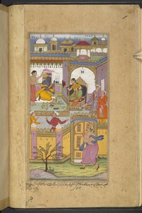 Bhima arriveert bij het kasteel van Dvaraka om Krishna uit te nodigen voor de 