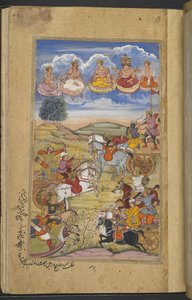 Slag tussen de legers van Arjuna en Tamradhvaja. Brahma en andere goden in de lucht, uit de 