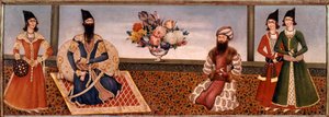 Perzische koning Fath Ali Shah (1771-1834) omringd door leden van zijn hof. Schilderij van de Shiraz School (19e eeuw) Teheran, Foroughi Collectie door Persian School