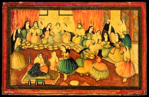 Perzische dames sociale partij, helft van een boekomslag, Iran, 19e eeuw door Persian School