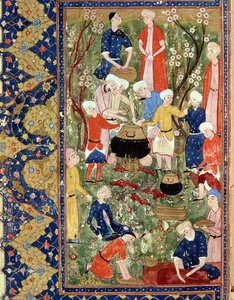 Een Maaltijd Voorbereiden, illustratie uit een episch gedicht door Hafiz Shirazi, Safavid door Persian School