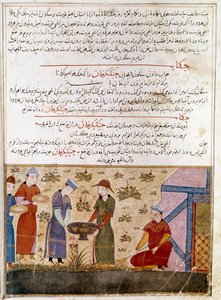 Afbeelding van Genghis Khan (1162-1227) die allianties sluit. Perzische miniatuur uit Jami al-Tawarikh (Universele Geschiedenis) door historicus Rashid al-din (1247-1318) Rond 1430. Parijs, B.N. door Persian School