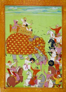 Voorstelling van Murad Baksh, zoon van Mughal keizer Shah Jehan, vechtend op een olifant door Persian School