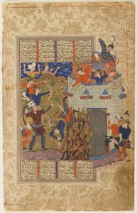 Rustam en zijn mannen vallen het fort van Gang Dizh aan uit een Shahnama door Persian School