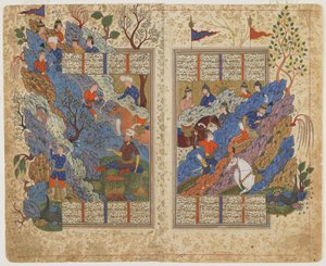 Rustam trapt de steen terug die door Bahman op hem werd gerold uit een Shahnama (Boek der koningen), c.1590-1600