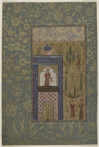 Twee jongeren voor een prinses bij een raam, c.1417-18 door Persian School