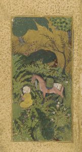 Wachtende bruidegom met paard in beboste bosjes, waarschijnlijk Tabriz, Turkoman dynastie, ca.1500