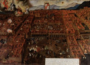 Uitzicht op Cuzco ten tijde van de aardbeving van 1650