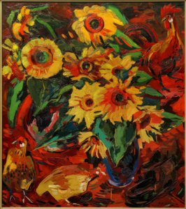 Stilleven met zonnebloemen en kippen
