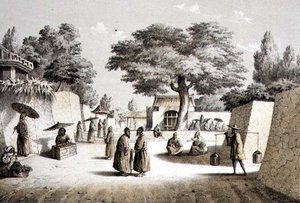 Straat in Napha, Lew Chew, gegraveerd door T. Sinclair