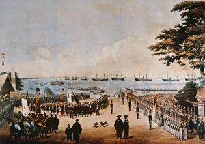 Commodore Perry landt in Japan om de keizerlijke commissarissen te ontmoeten in Yokohama, 8 maart 1854