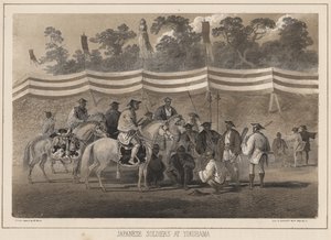 Japanse soldaten in Yokohama, litho door Sarony en Co., 1855