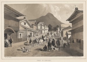 Straat in Hakodadi, litho door Sarony und Co., 1855