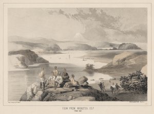 Uitzicht vanaf Webster Island, Yedo Bay, litho door Sarony en Co., 1855