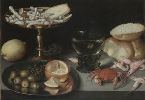 Stilleven met fruit, zoetigheden, schaaldieren, een glas en een muis, ca. 1620